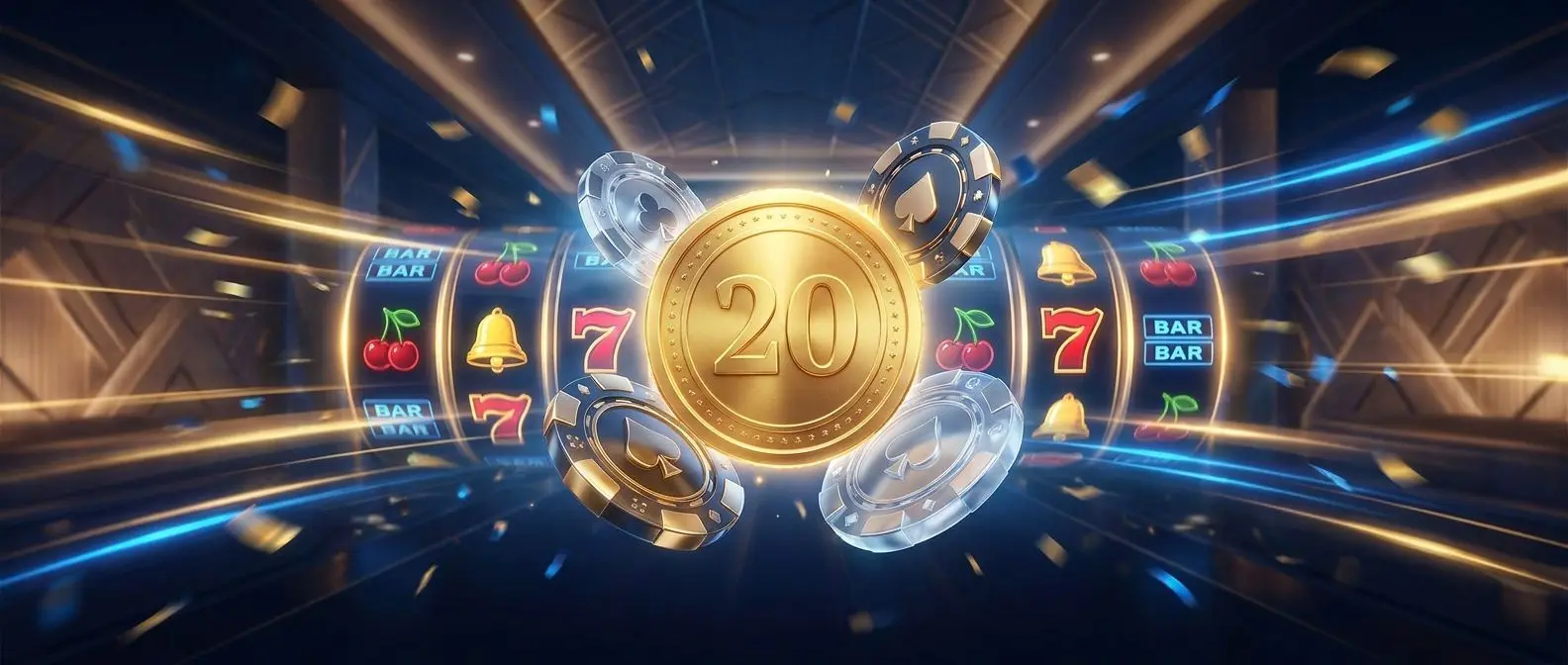 Banner promocional com moeda de 20 e elementos de jogo em ambiente premium