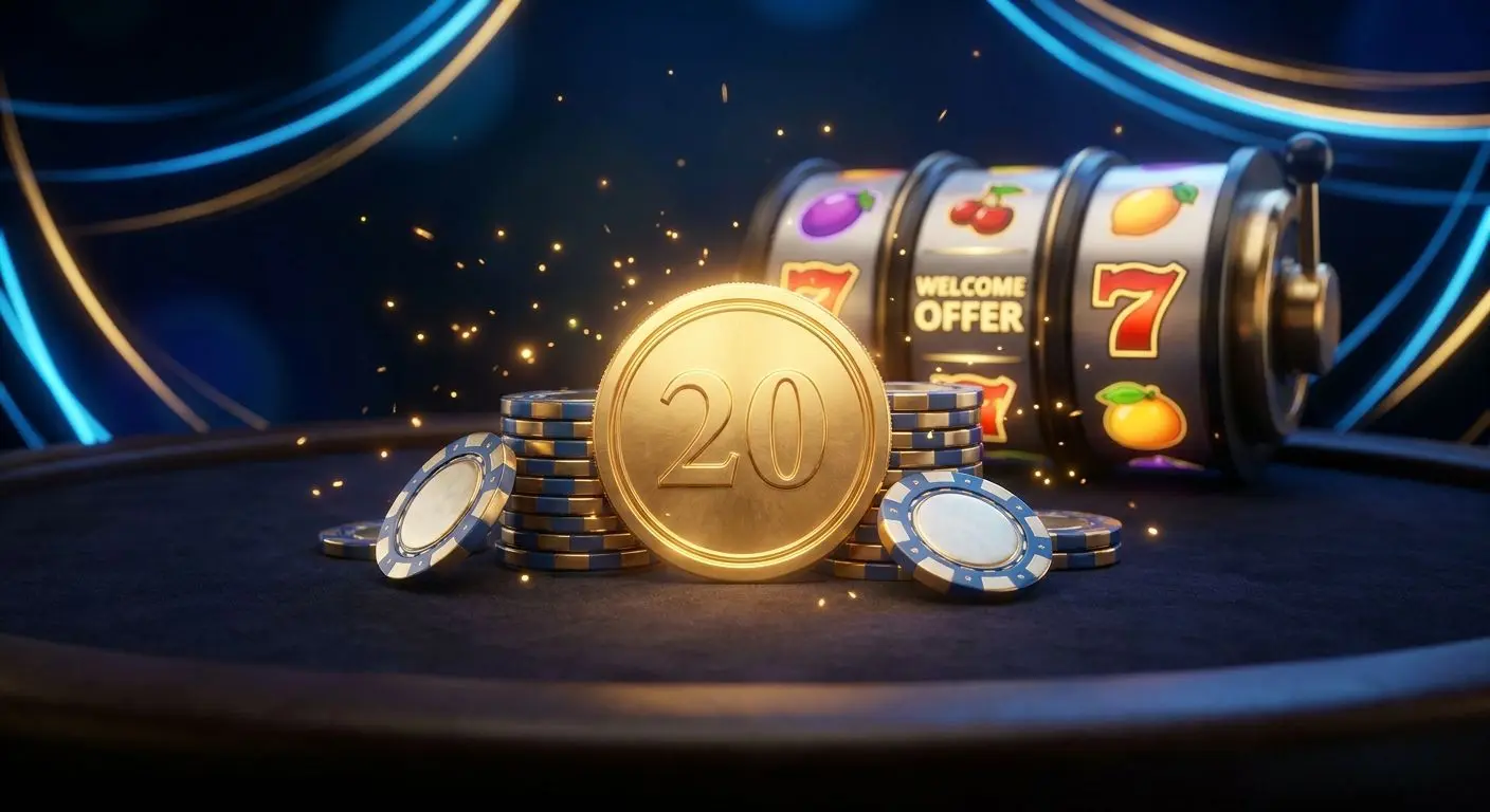 Ilustração de oferta 20 euros grátis com fichas e slots