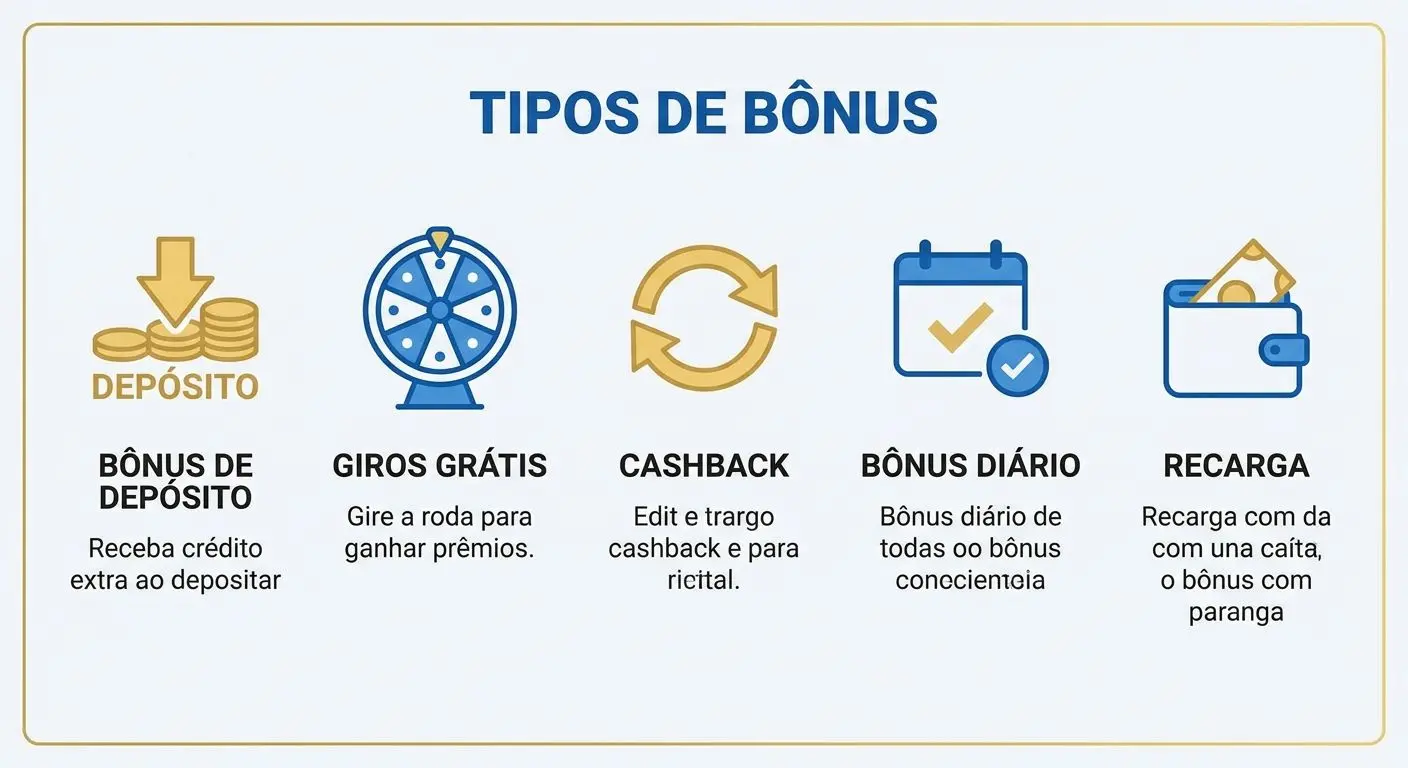 Infográfico com tipos de bónus e ícones promocionais