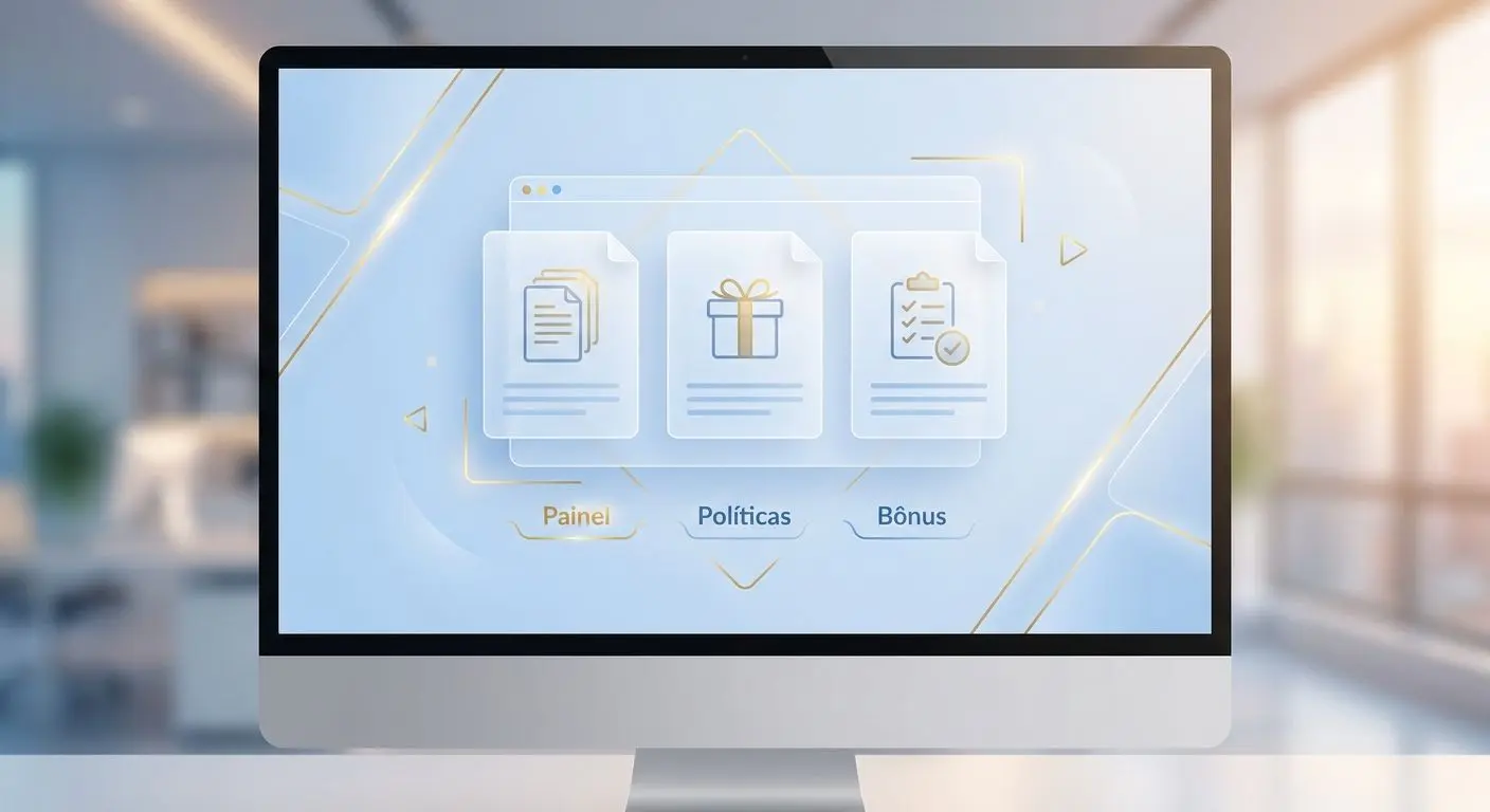 Interface limpa com documentos e ícones de bónus para política promocional