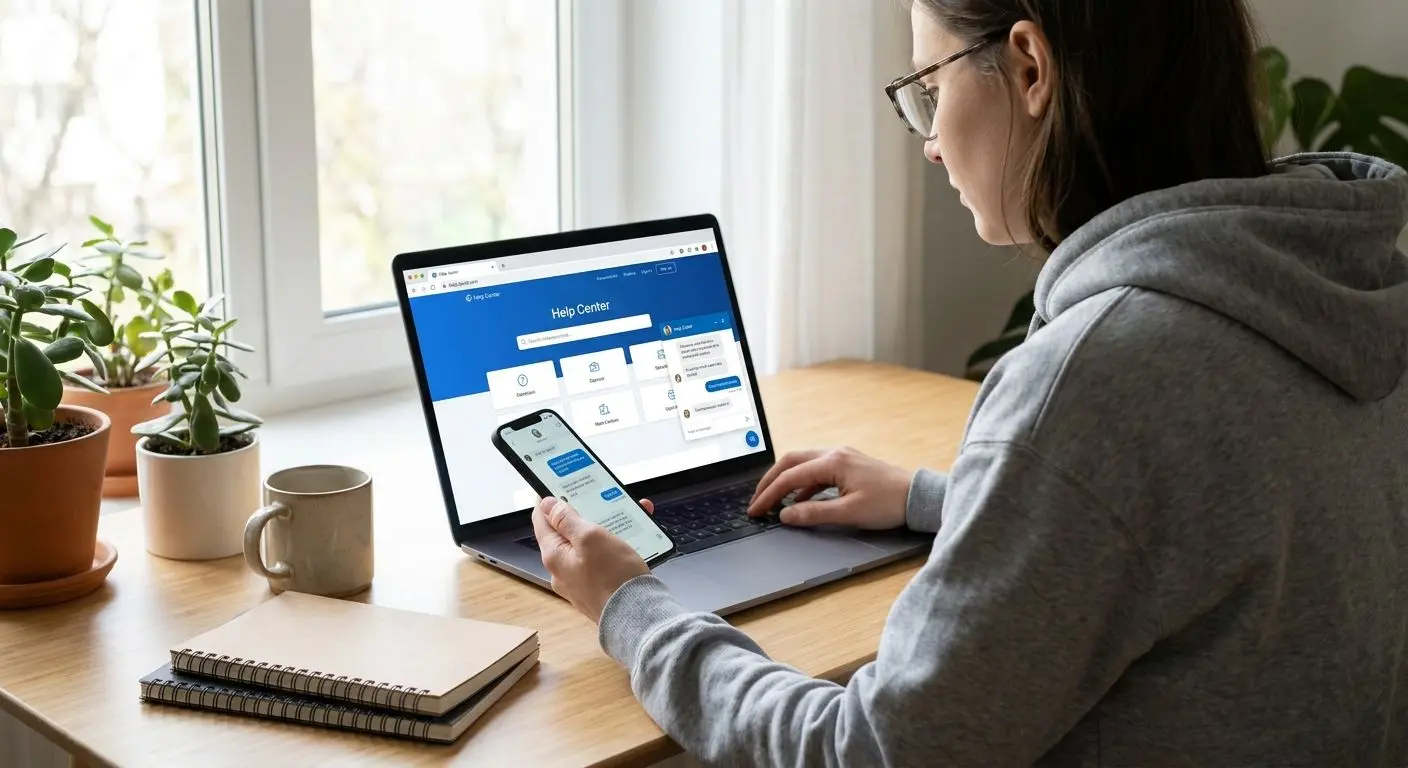 Utilizador a contactar o apoio online por computador e telemóvel