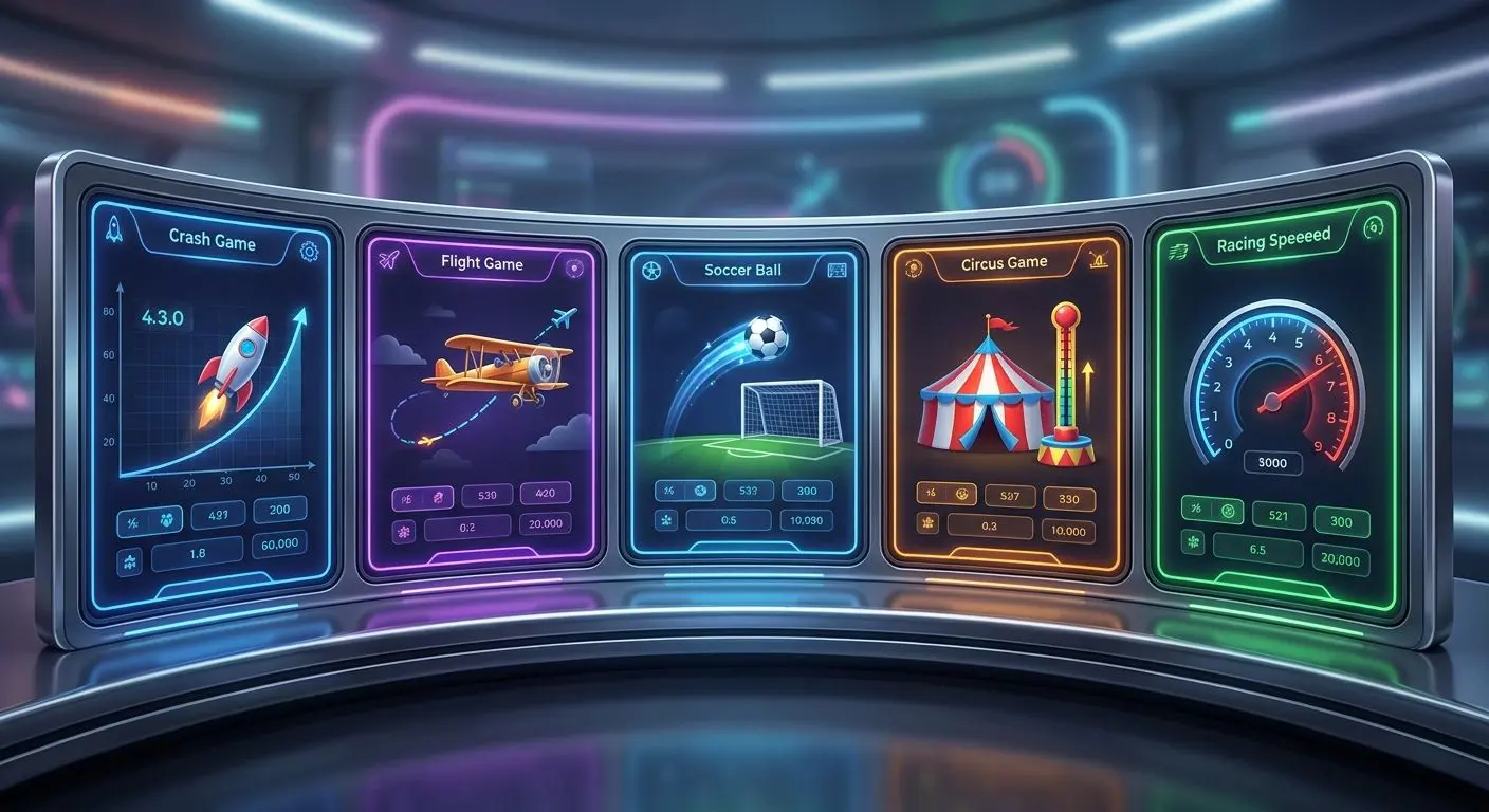 Variedade de temas de crash games com foguetão, avião e desporto
