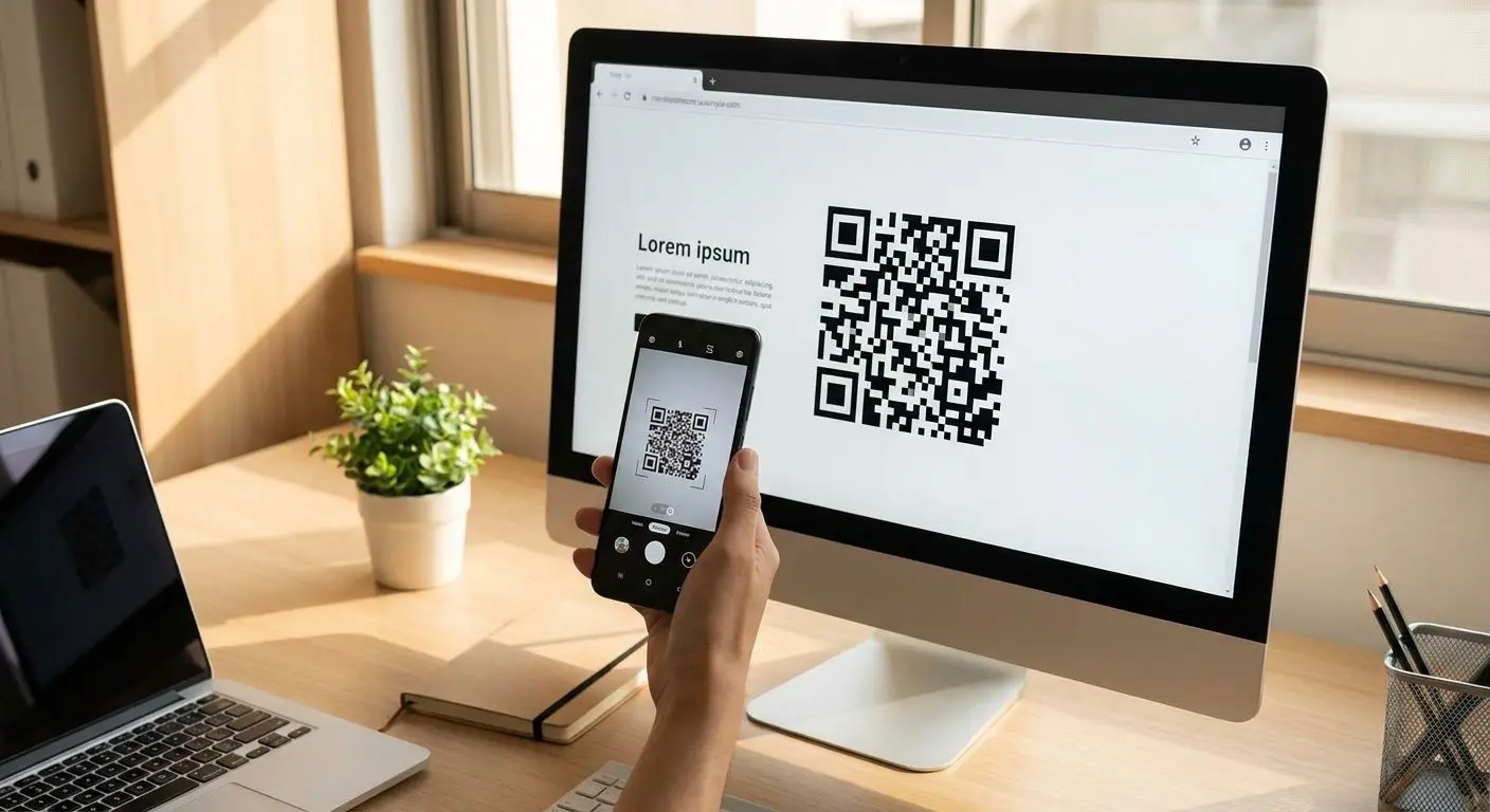 Utilizador a apontar o telemóvel para um QR code no computador