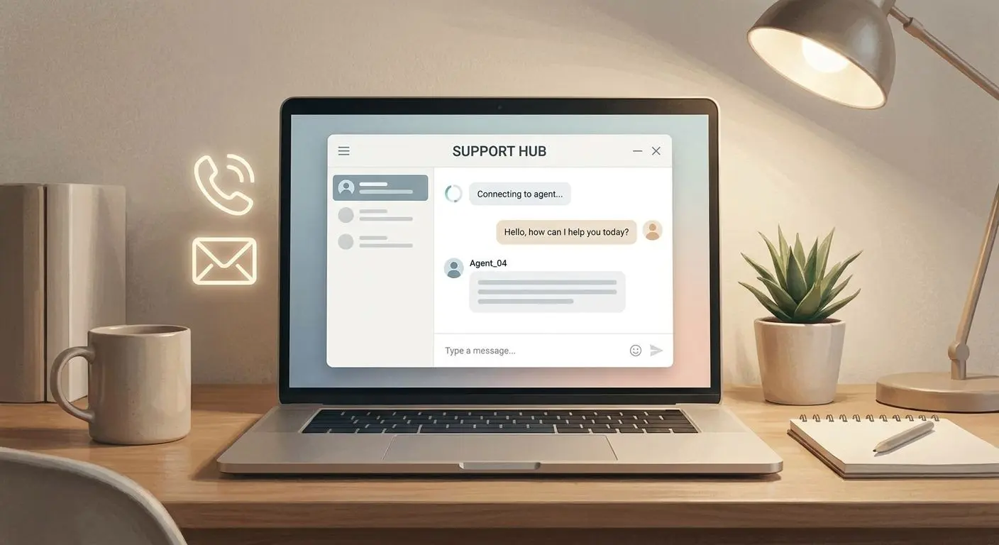 Interface de contacto com chat, telefone e email