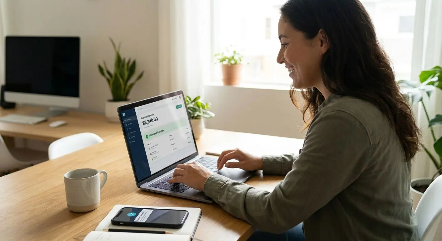 Utilizador satisfeito a ver saldo disponível após levantamento rápido