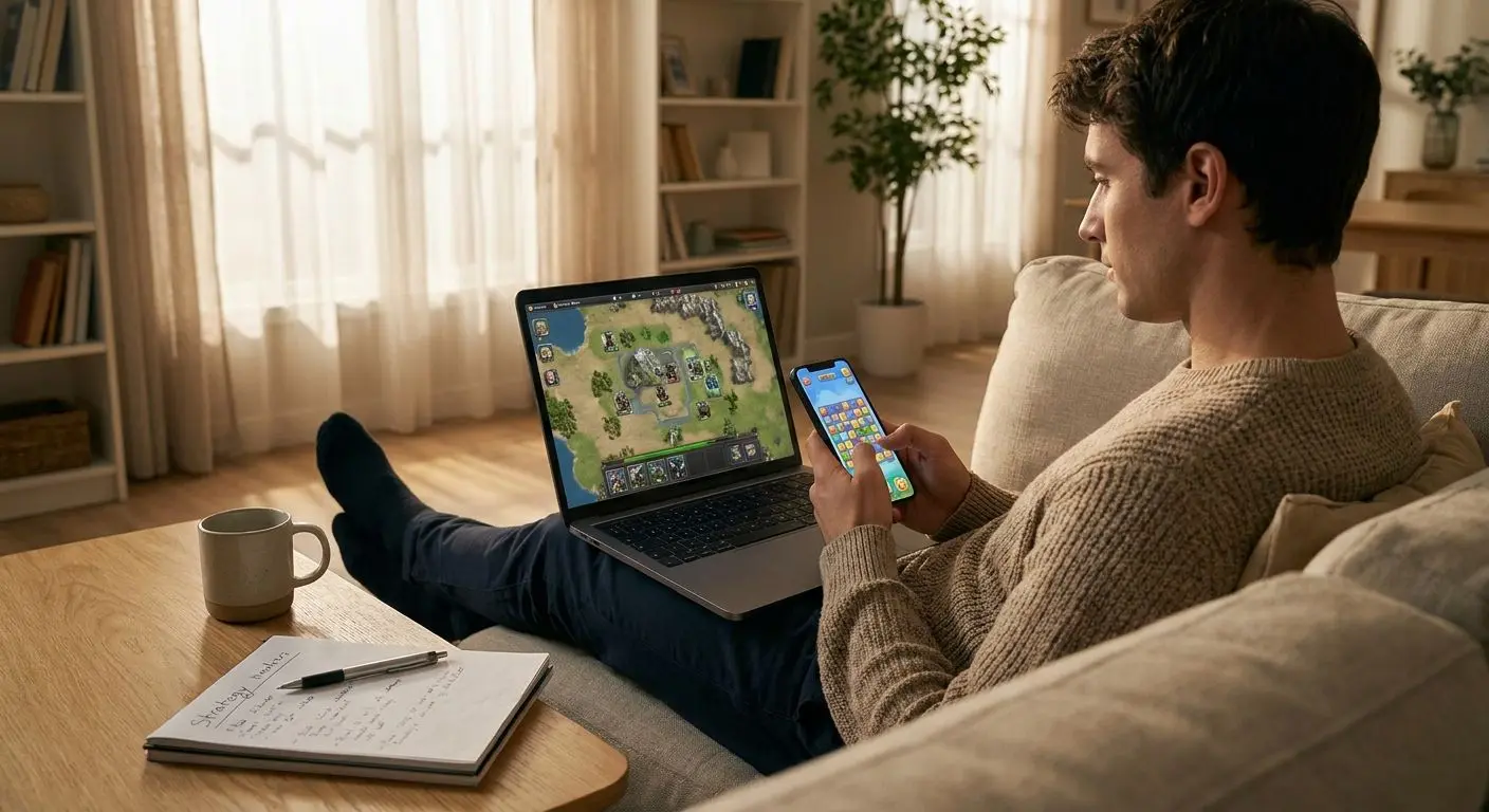Pessoa a testar jogos online em modo demo com abordagem estratégica