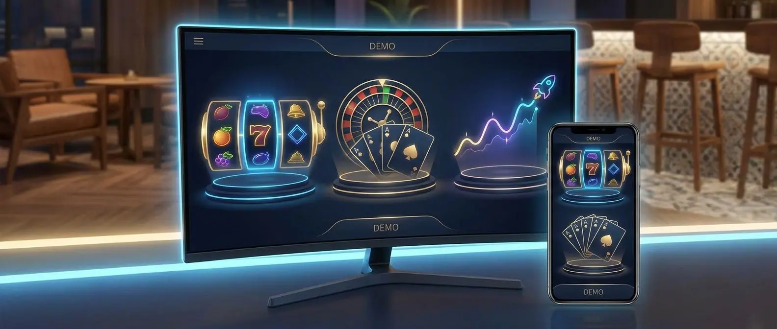 Interface digital com jogos em modo demo num ambiente online moderno