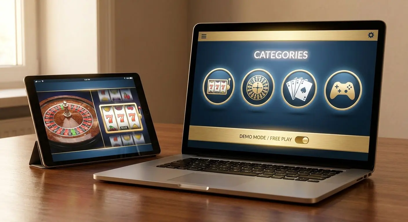 Categorias de jogos online em modo demo num ecrã moderno