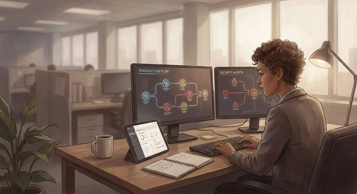 Ilustração de especialista a analisar processos de levantamentos online