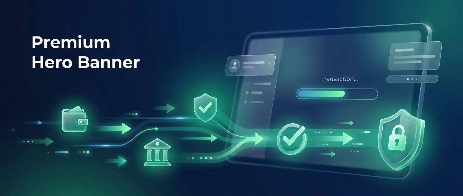 Banner sobre levantamentos seguros e rápidos com elementos visuais de pagamentos e verificação