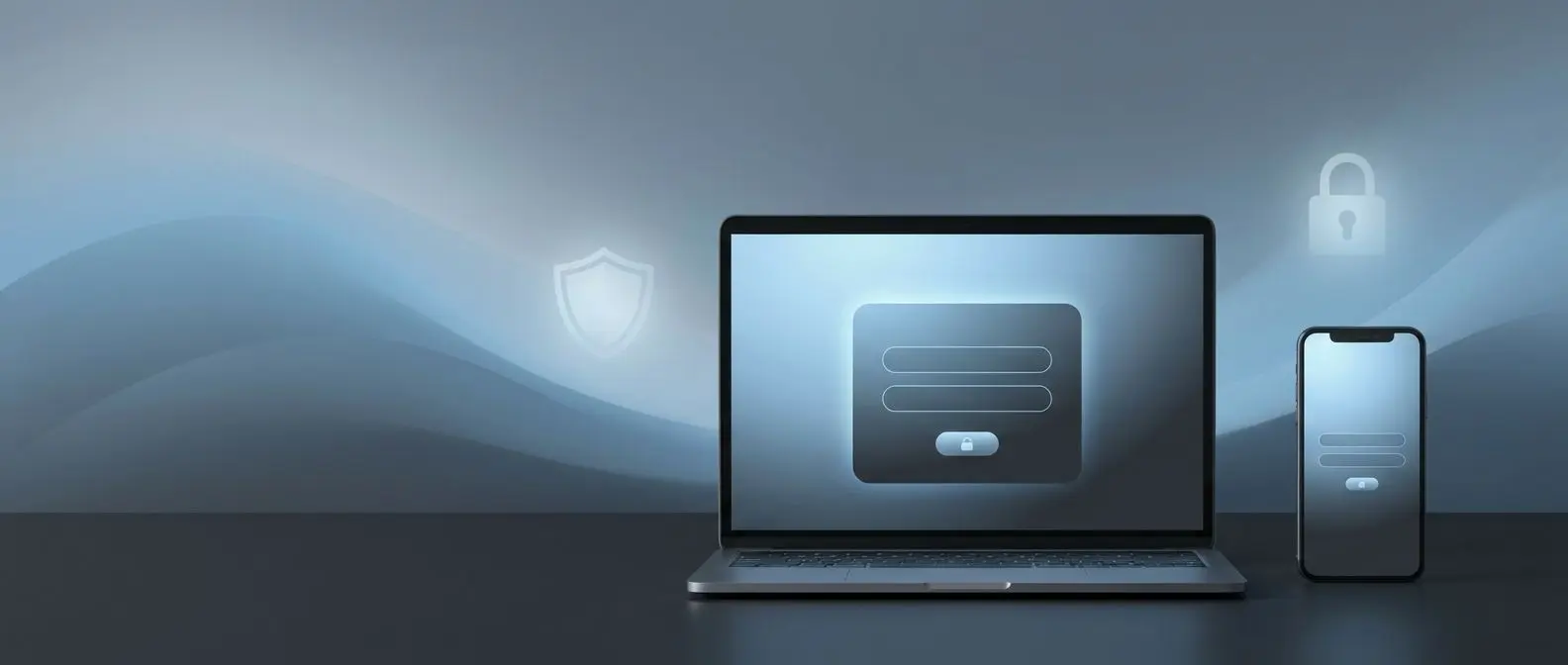 Banner de login seguro com interface em desktop e telemóvel