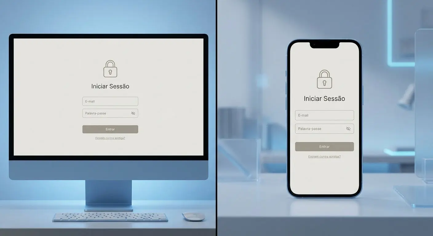 Interface de login em desktop e smartphone lado a lado