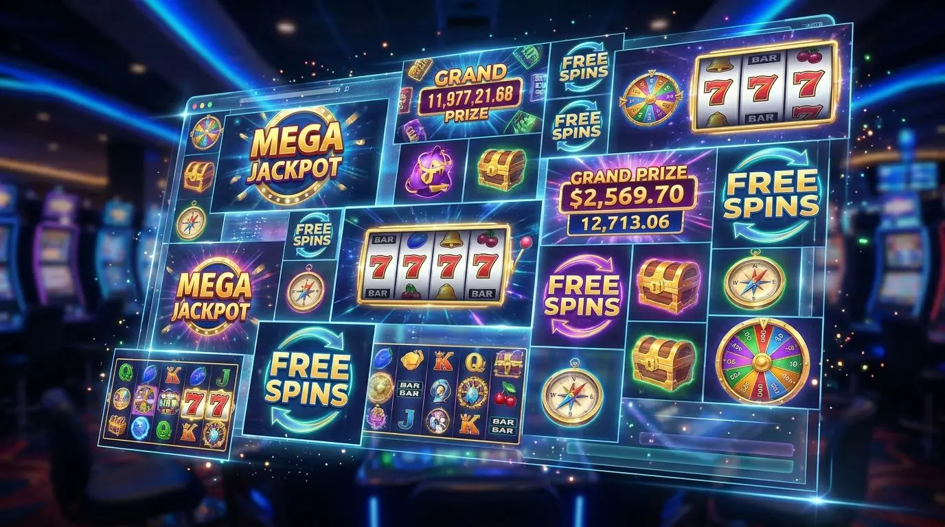 Montagem com categorias de jogos de rolos, jackpots e símbolos de bónus