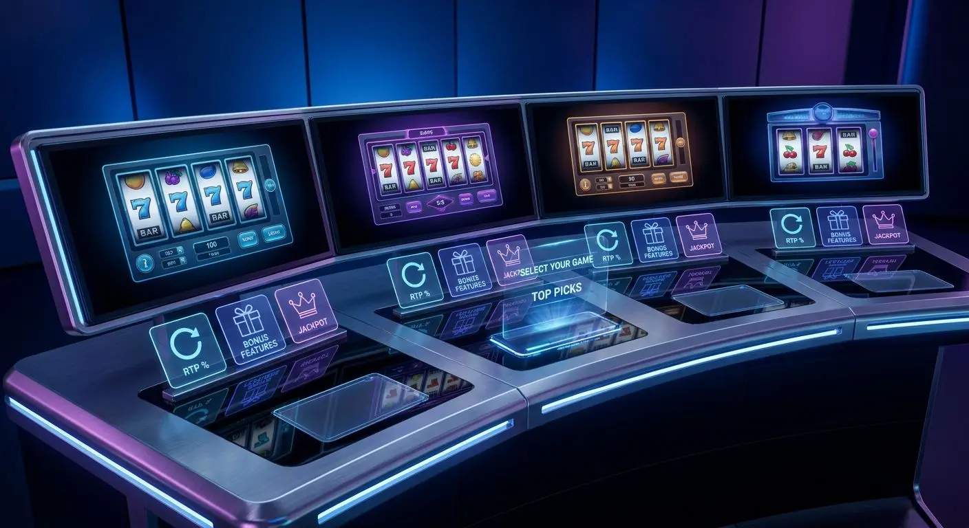 Ilustração com vários ecrãs de jogos e ícones de RTP, bónus e jackpots