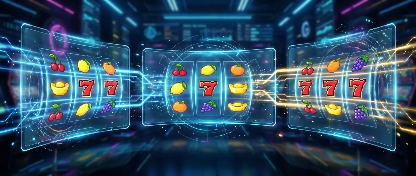 Banner com vários jogos de rolos coloridos em destaque num ambiente digital moderno