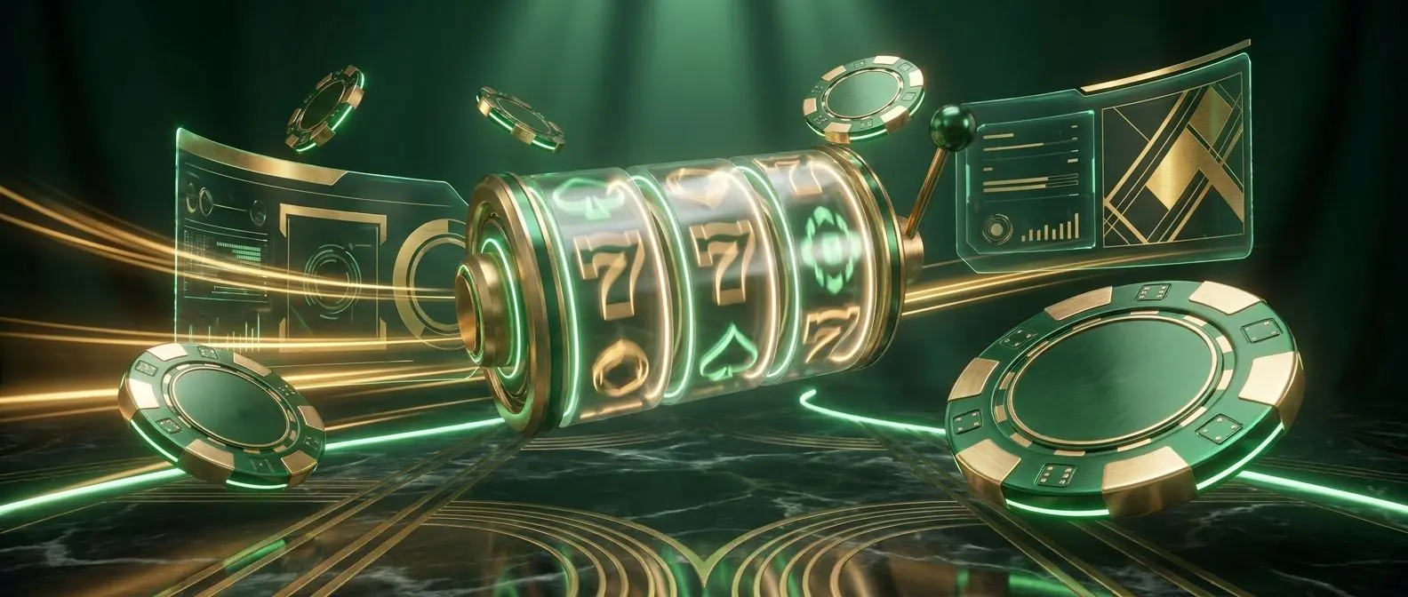 Banner promocional em tons de verde e dourado com fichas e reels brilhantes