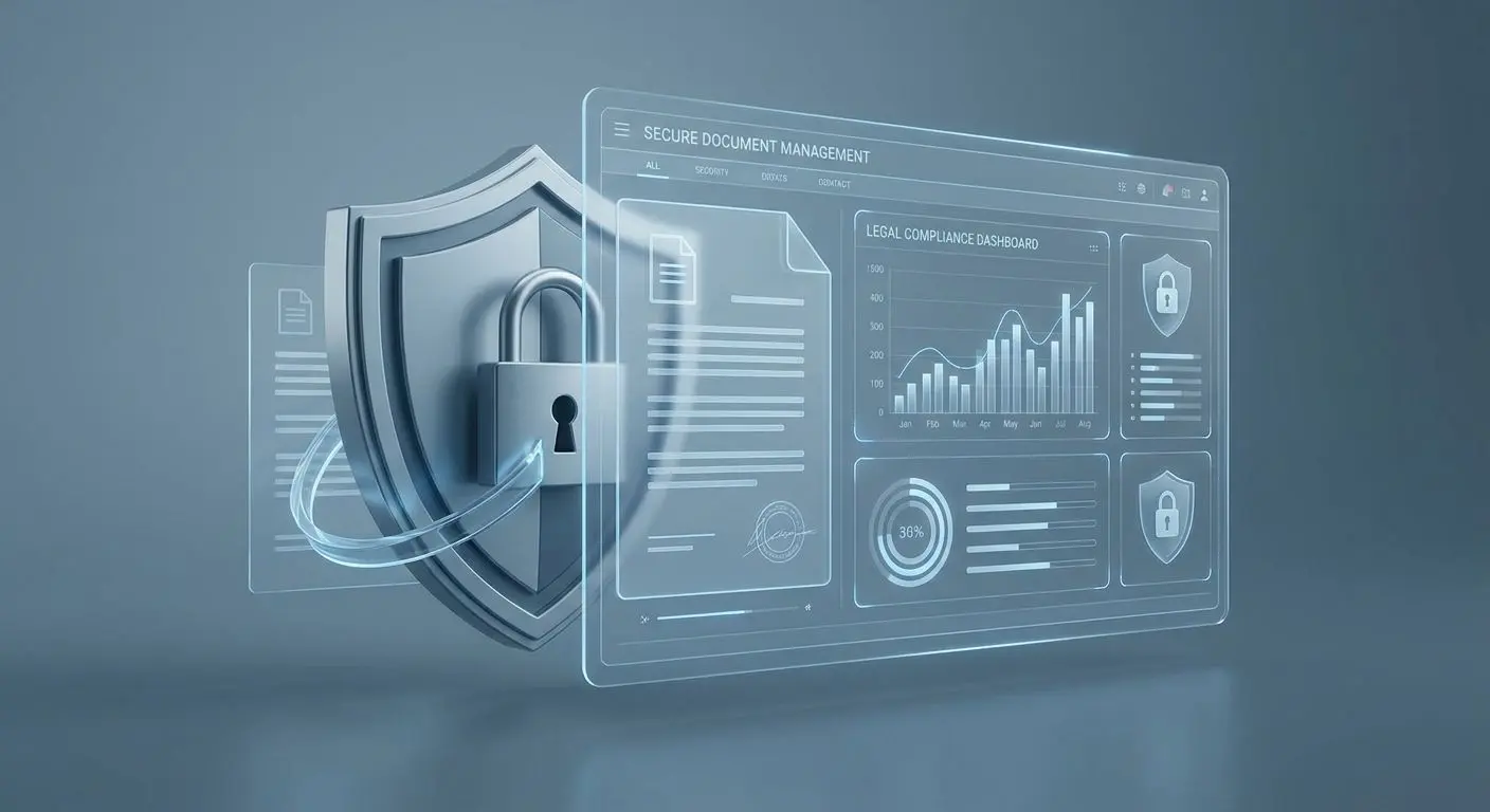 Escudo, cadeado e documentos numa interface segura