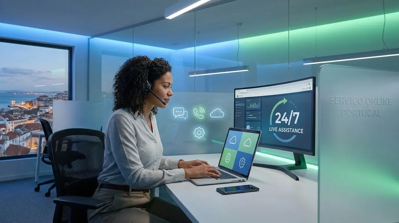 Operadora de suporte digital em ambiente moderno para atendimento 24 horas