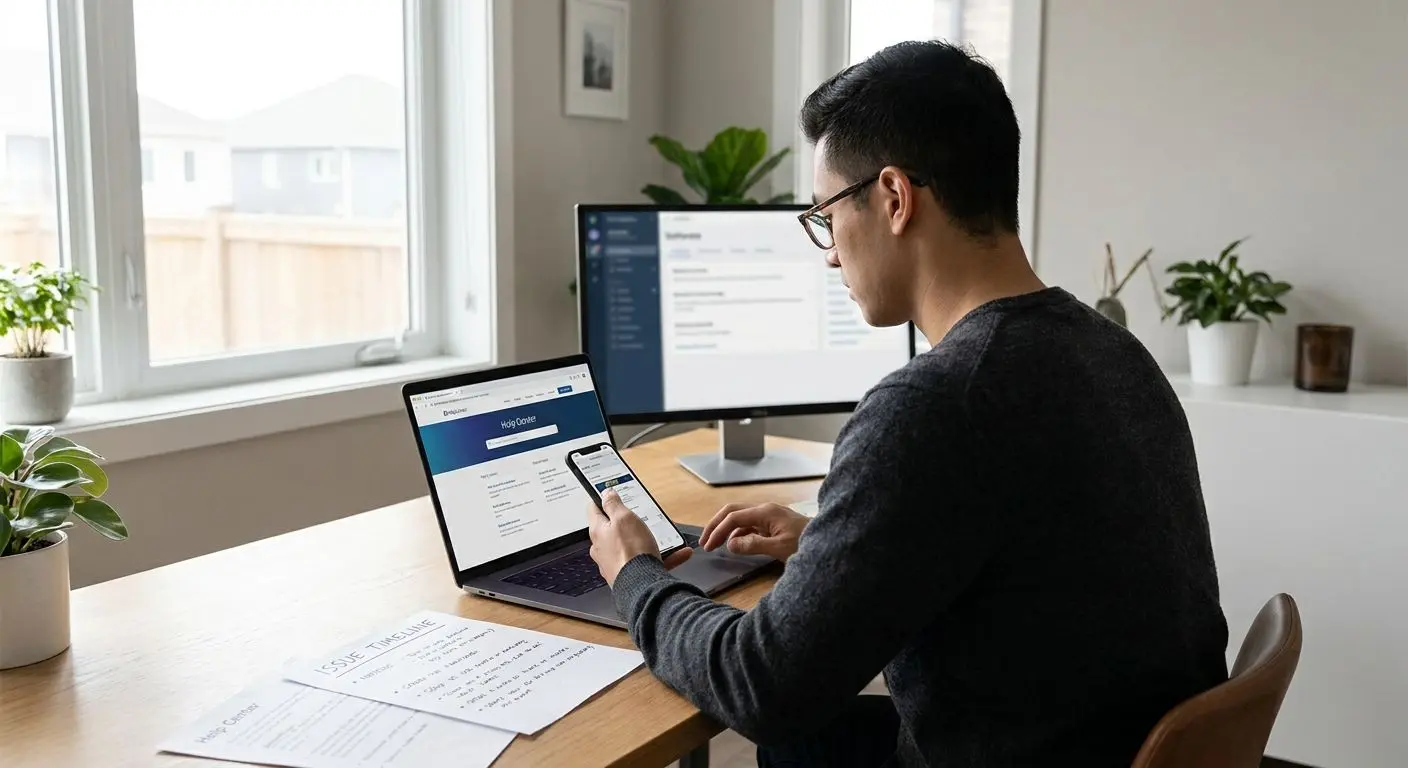 Utilizador organizado a preparar informação antes de contactar o suporte