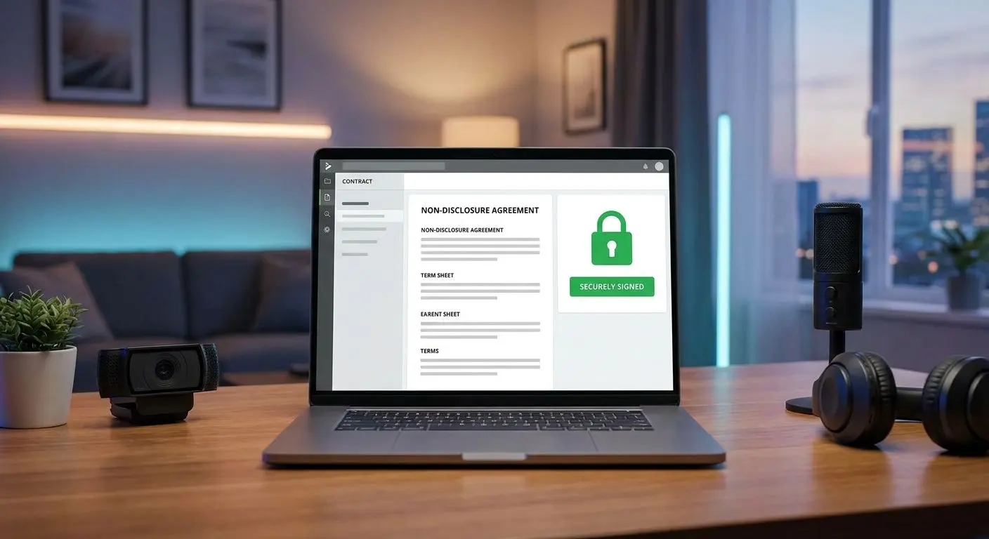 Documento legal digital num computador com elementos de segurança online