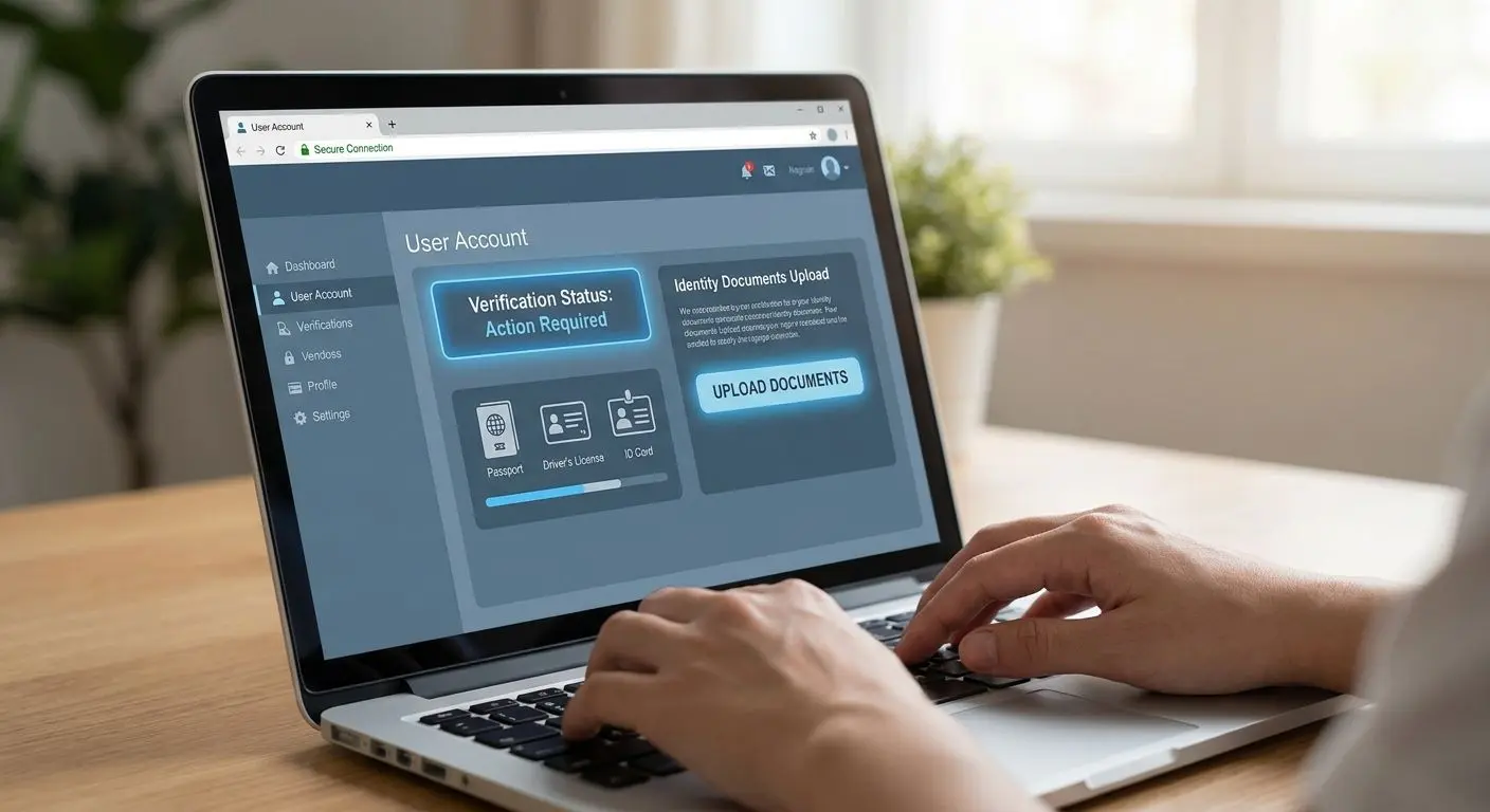 Área de conta com secção de verificação e upload de documentos